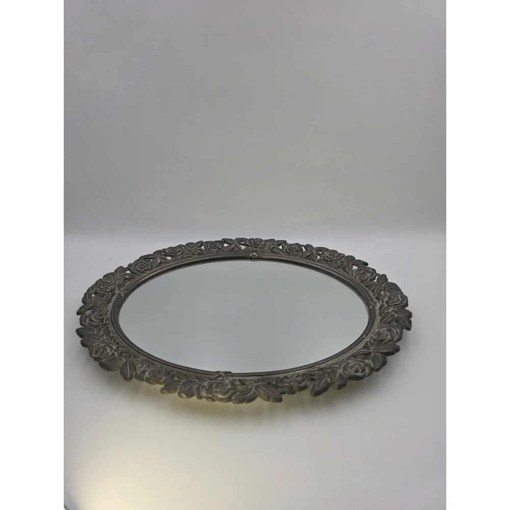 Vintage Oval Mirror Ornate‎ Rose Frame Bronze Gold Tone Vanity Decor 10